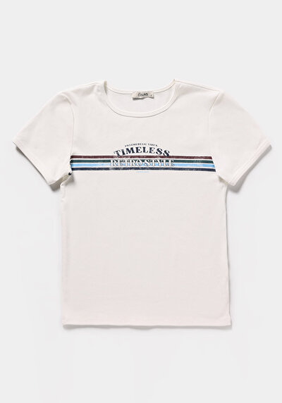 Image de T-shirt À Manches Courtes Ecru Slim Fit Imprimé Femme