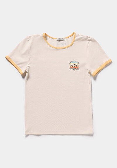 Afficher les détails de T-shirt À Manches Courtes Ecru Slim Fit Imprimé Femme