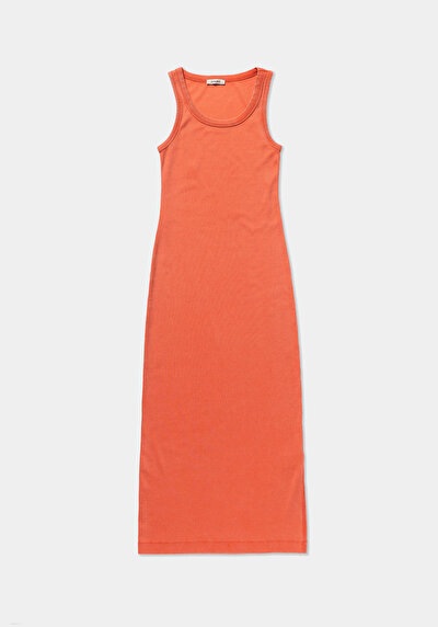 Image de Robe Orange Slim Fit Sans Manches Mdi Côtelé Femme
