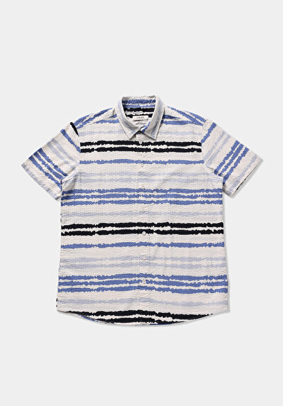 Image de Chemise À Manches Courtes Bleu Rayé Regular Fit Homme