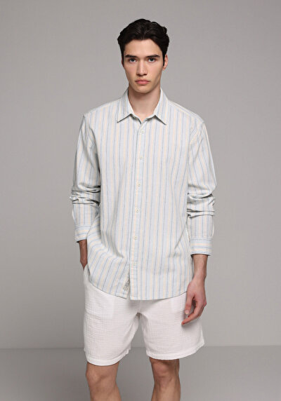 Afficher les détails de Chemise À Manches Longues Bleu Relaxed Fit Rayé Lin Homme