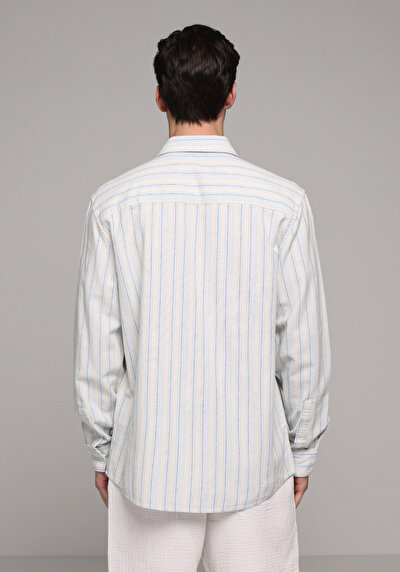 Afficher les détails de Chemise À Manches Longues Bleu Relaxed Fit Rayé Lin Homme