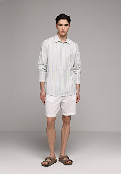 Afficher les détails de Chemise À Manches Longues Bleu Relaxed Fit Rayé Lin Homme