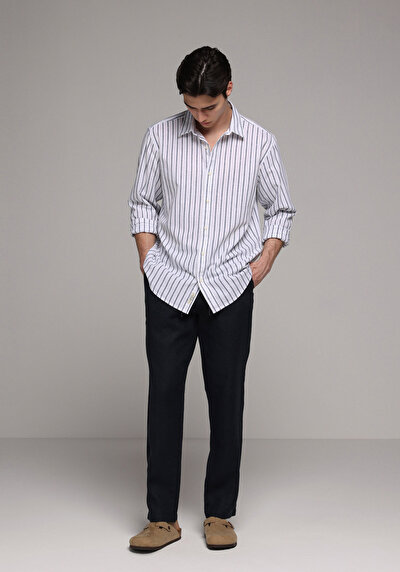 Image de Pantalon Marine Straight Leg Medium Rise En Lin Regular Fit Homme