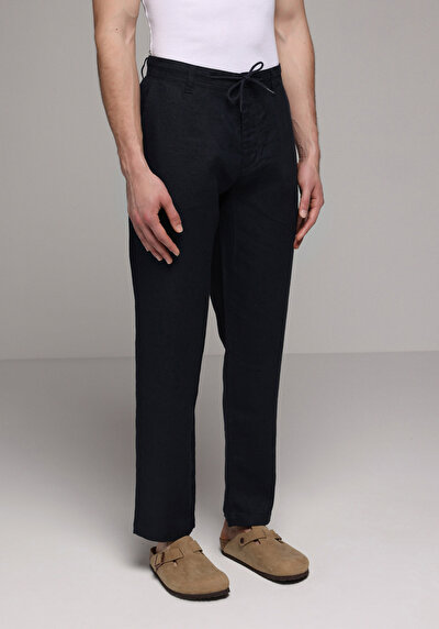 Image de Pantalon Marine Straight Leg Medium Rise En Lin Regular Fit Homme