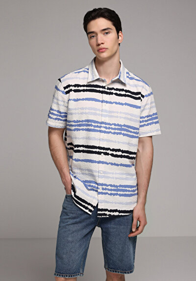 Image de Chemise À Manches Courtes Bleu Rayé Regular Fit Homme