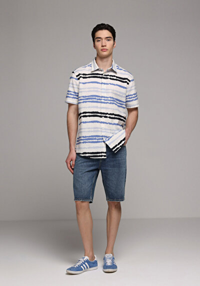 Image de Chemise À Manches Courtes Bleu Rayé Regular Fit Homme