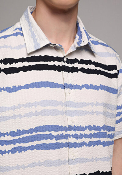 Image de Chemise À Manches Courtes Bleu Rayé Regular Fit Homme