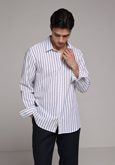 Image de Chemise À Manches Longues Marine Regular Fit Rayé Lin Homme