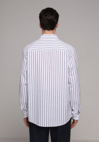 Image de Chemise À Manches Longues Marine Regular Fit Rayé Lin Homme
