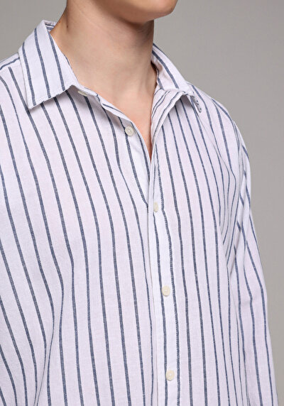 Image de Chemise À Manches Longues Marine Regular Fit Rayé Lin Homme