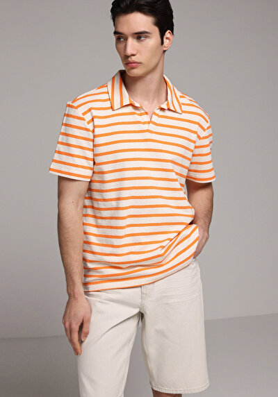 Image de T-shirt Polo À Manches Courtes Orange Rayé Regular Fit Homme