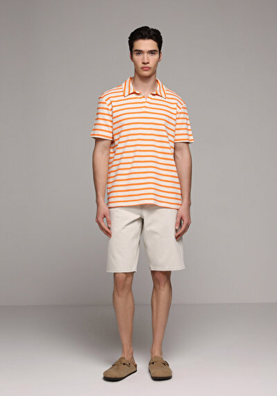 Image de T-shirt Polo À Manches Courtes Orange Rayé Regular Fit Homme
