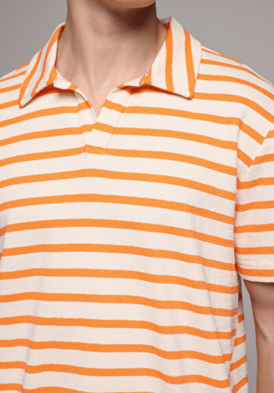 Image de T-shirt Polo À Manches Courtes Orange Rayé Regular Fit Homme