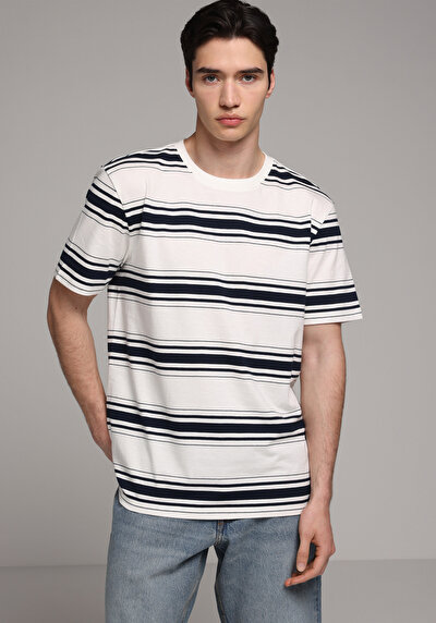 Image de T-shirt À Manches Courtes Blanc Regular Fit Rayé Homme