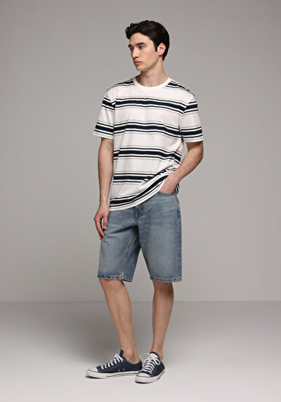 Image de T-shirt À Manches Courtes Blanc Regular Fit Rayé Homme