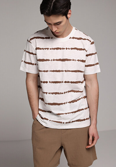 Image de T-shirt À Manches Courtes Marron Regular Fit Rayé Homme
