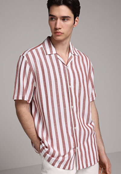 Afficher les détails de Chemise À Manches Courtes Saumon Rayé Relaxed Fit Homme