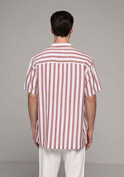 Afficher les détails de Chemise À Manches Courtes Saumon Rayé Relaxed Fit Homme