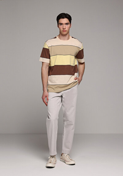 Image de T-shirt À Manches Courtes Jaune Regular Fit Rayé Homme