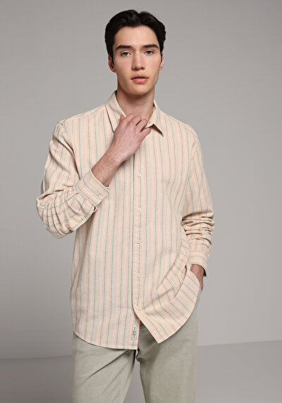Image de Chemise À Manches Longues Saumon Relaxed Fit Rayé Lin Homme