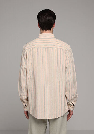 Image de Chemise À Manches Longues Saumon Relaxed Fit Rayé Lin Homme