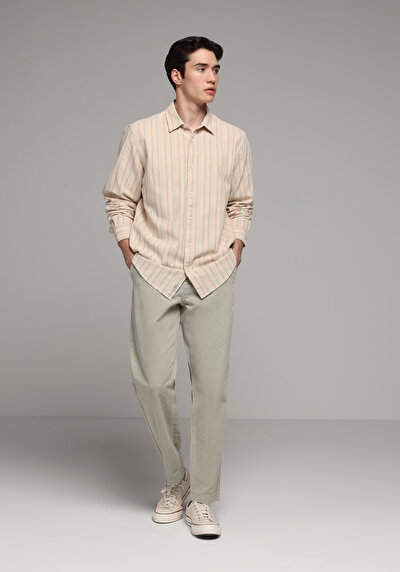 Image de Chemise À Manches Longues Saumon Relaxed Fit Rayé Lin Homme