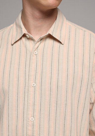 Image de Chemise À Manches Longues Saumon Relaxed Fit Rayé Lin Homme