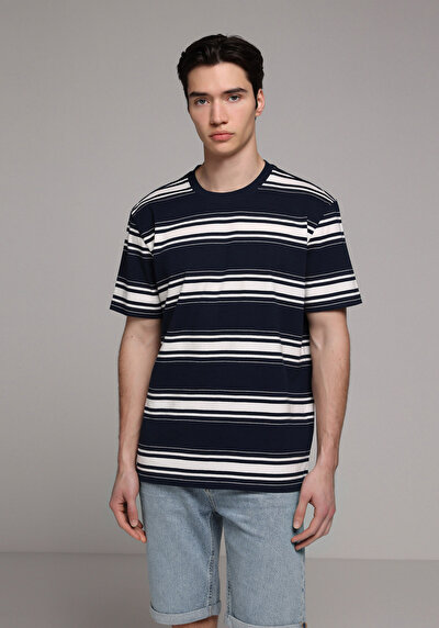 Image de T-shirt À Manches Courtes Marine Regular Fit Rayé Homme
