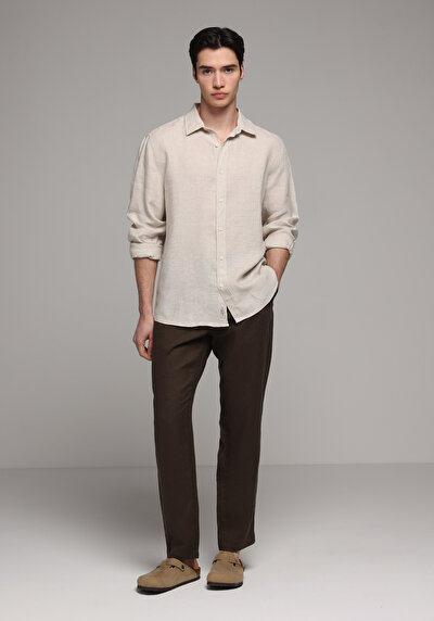 Image de Pantalon Marron Straight Leg Medium Rise En Lin Regular Fit Homme