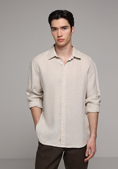 Afficher les détails de Chemise À Manches Longues Beige Regular Fit Droit Lin Homme