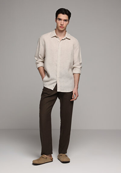 Afficher les détails de Chemise À Manches Longues Beige Regular Fit Droit Lin Homme