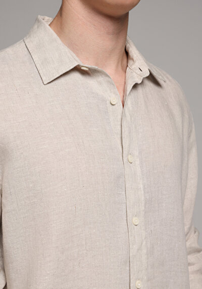 Afficher les détails de Chemise À Manches Longues Beige Regular Fit Droit Lin Homme