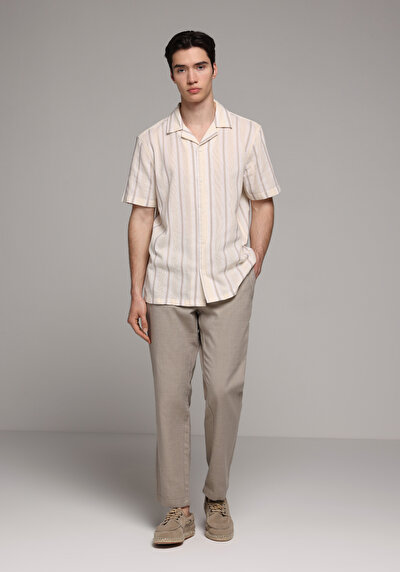 Image de Chemise À Manches Courtes Marron Rayé Regular Fit Homme