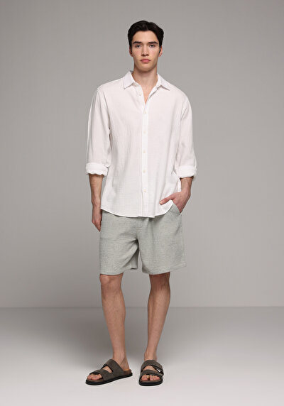 Image de Chemise À Manches Longues Blanc Relaxed Fit Droit Tissu Froissé Homme