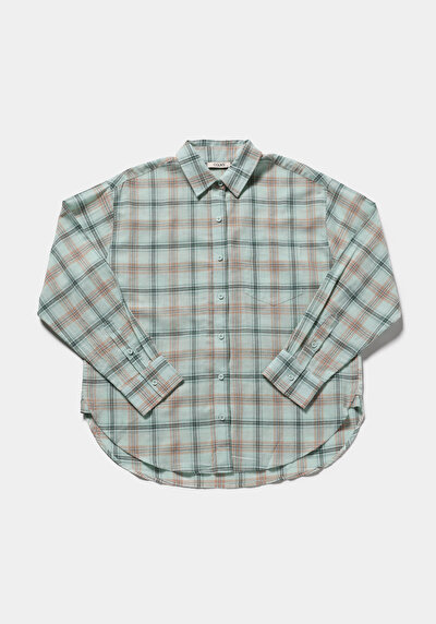Image de Chemise À Manches Longues Vert Boyfriend Fit Plaid Popeline Femme