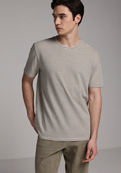 Image de T-shirt À Manches Courtes Ecru Regular Fit Rayé Homme