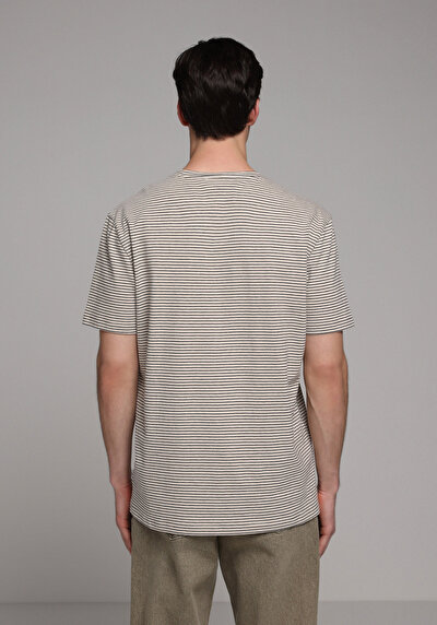 Image de T-shirt À Manches Courtes Ecru Regular Fit Rayé Homme