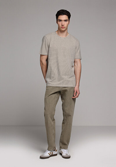 Image de T-shirt À Manches Courtes Ecru Regular Fit Rayé Homme