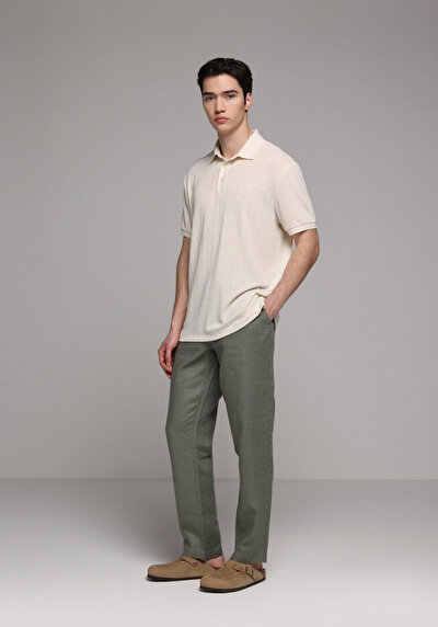 Image de Pantalon Vert Straight Leg Medium Rise En Lin Regular Fit Homme