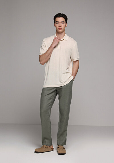 Image de Pantalon Vert Straight Leg Medium Rise En Lin Regular Fit Homme