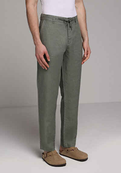 Image de Pantalon Vert Straight Leg Medium Rise En Lin Regular Fit Homme