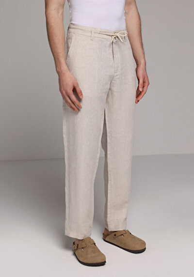 Image de Pantalon Blanc Straight Leg Medium Rise En Lin Regular Fit Homme