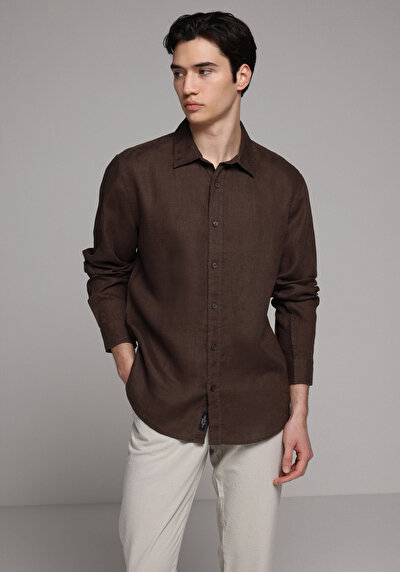 Afficher les détails de Chemise À Manches Longues Marron Regular Fit Droit Lin Homme