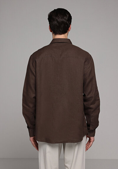 Image de Chemise À Manches Longues Marron Regular Fit Droit Lin Homme