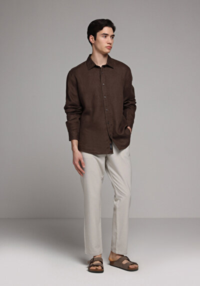 Afficher les détails de Chemise À Manches Longues Marron Regular Fit Droit Lin Homme
