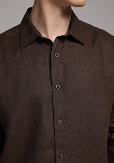 Afficher les détails de Chemise À Manches Longues Marron Regular Fit Droit Lin Homme