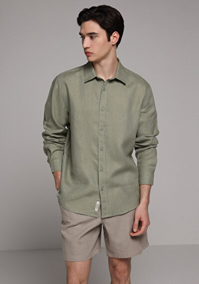 Afficher les détails de Chemise À Manches Longues Vert Regular Fit Droit Lin Homme