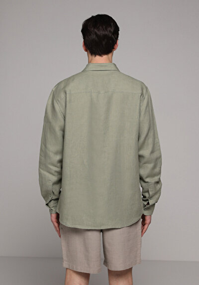 Afficher les détails de Chemise À Manches Longues Vert Regular Fit Droit Lin Homme