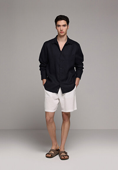 Image de Chemise À Manches Longues Marine Regular Fit Droit Lin Homme